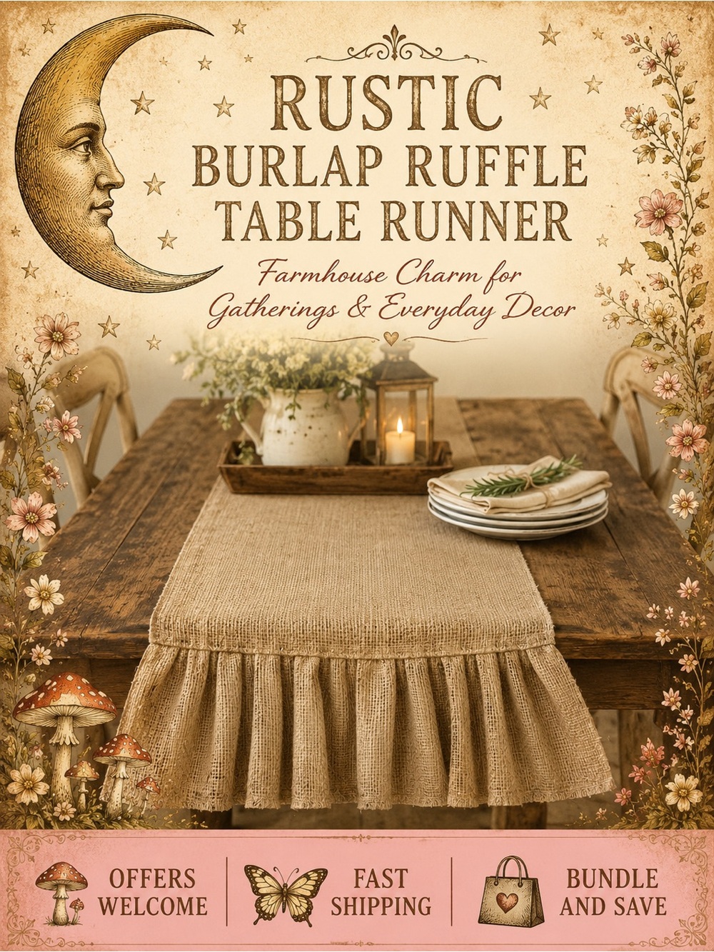 Rustic Burlap Ruffle Table Runner 14x72 Farmhouse Cottage Decor